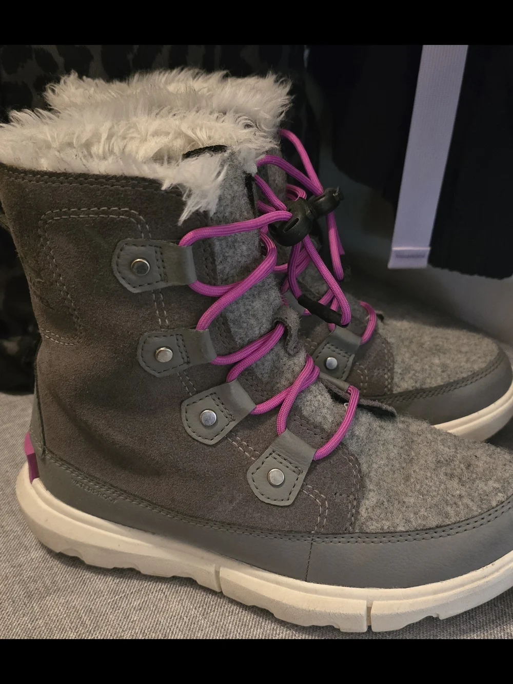 Sorel Gray Winter Boots with Pink Laces